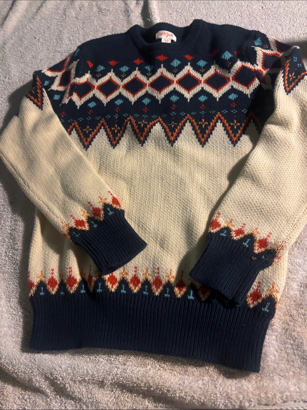 Cat & Jack Cream and Navy Fair Isle Sweater with Red and Teal Accents